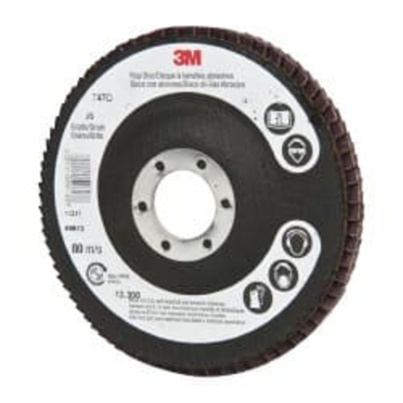 3M 4-1/2 36 Grit 7/8 Center Hole Type 27 Ceramic Flap Disc Very Coarse Grade, Coated, Arbor Attachment, Cloth Backing, 13,300 RPM 7000028343 – 07721244