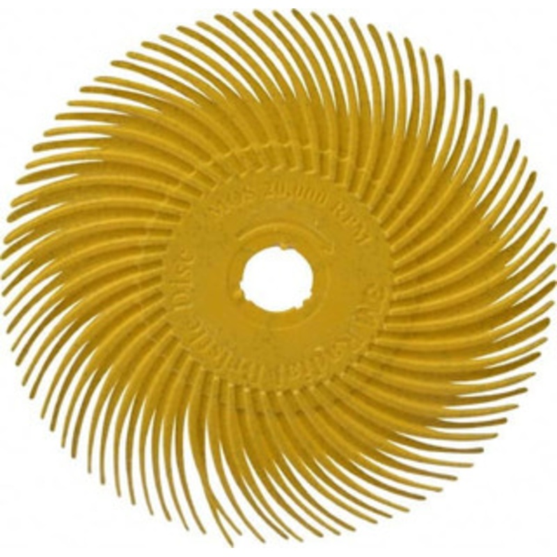 3M 3 Diam, 3/8 Max Face Width, Plain Hole Radial Bristle Brush 80 Grit, Medium Grade, 20,000 Max RPM, Yellow 7000000771 – 01574805