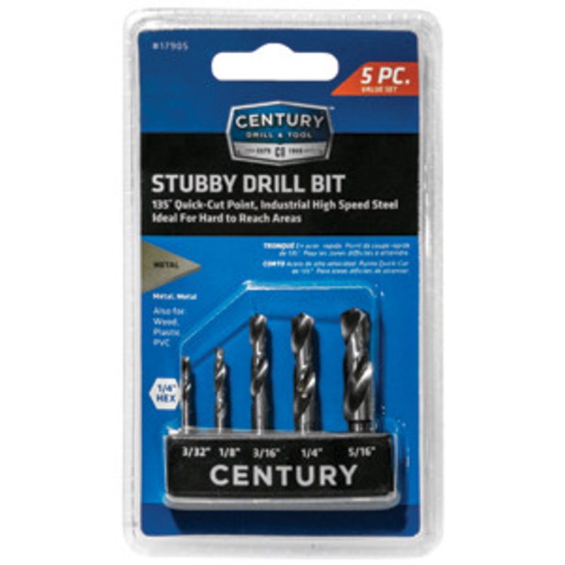Century Drill & Tool 5 Piece Stubby Hex Shank Drill Bit Set – CY17905