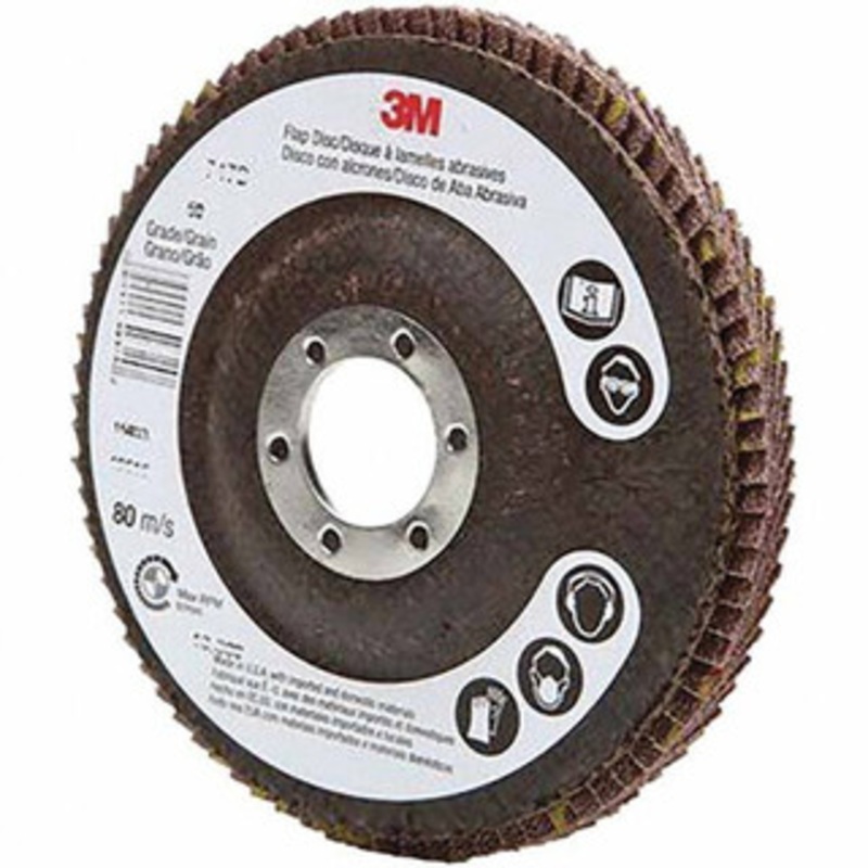 3M 4-1/2 60 Grit 7/8 Center Hole Type 27 Ceramic Flap Disc Medium Grade, Coated, Arbor Attachment, Cloth Backing, 13,300 RPM 7000028344 – 07721269