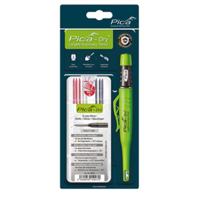 Pica Dry Longlife Summer Leads Automatic Pencil Bundle, (3) Graphite, (3) Red, (2) White – 30407