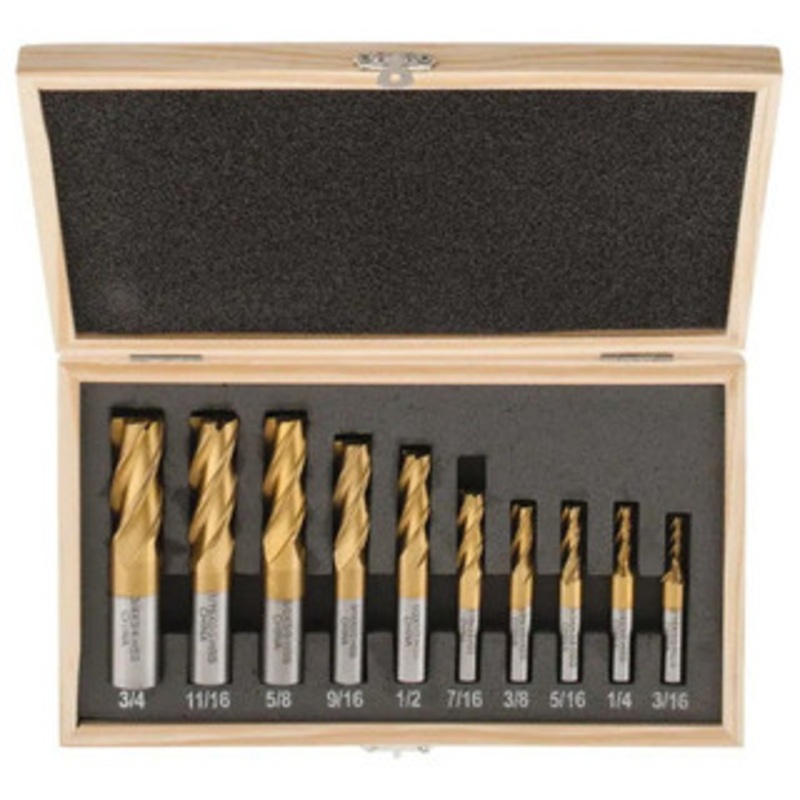 Interstate Single End Mill Set, HSS TiN Coated, 10 pcs, Centercutting, 3/16 – 3/4, 4 Flutes – 71-534-2